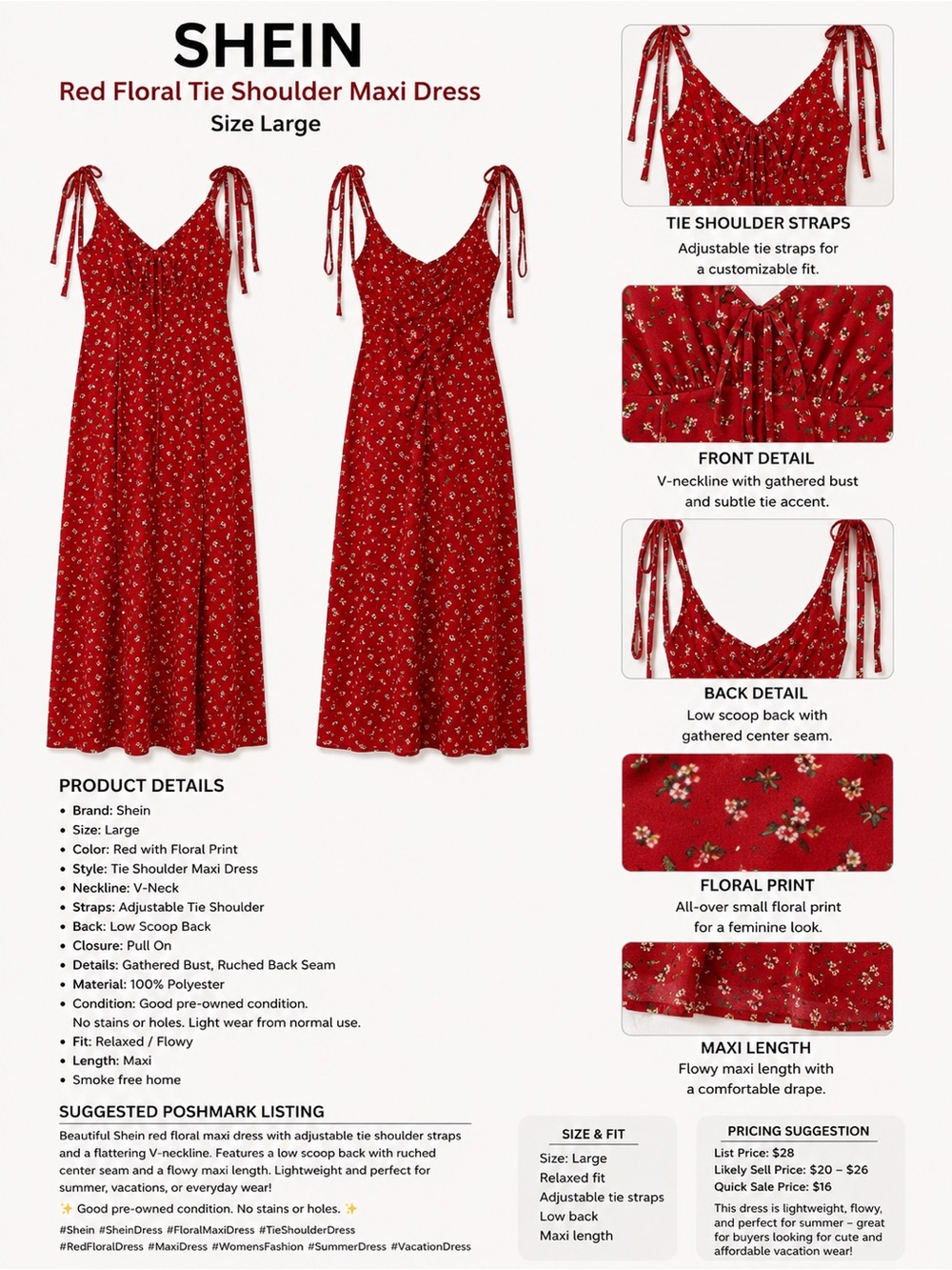 SHEIN Red Floral Tie-Shoulder Maxi Dress